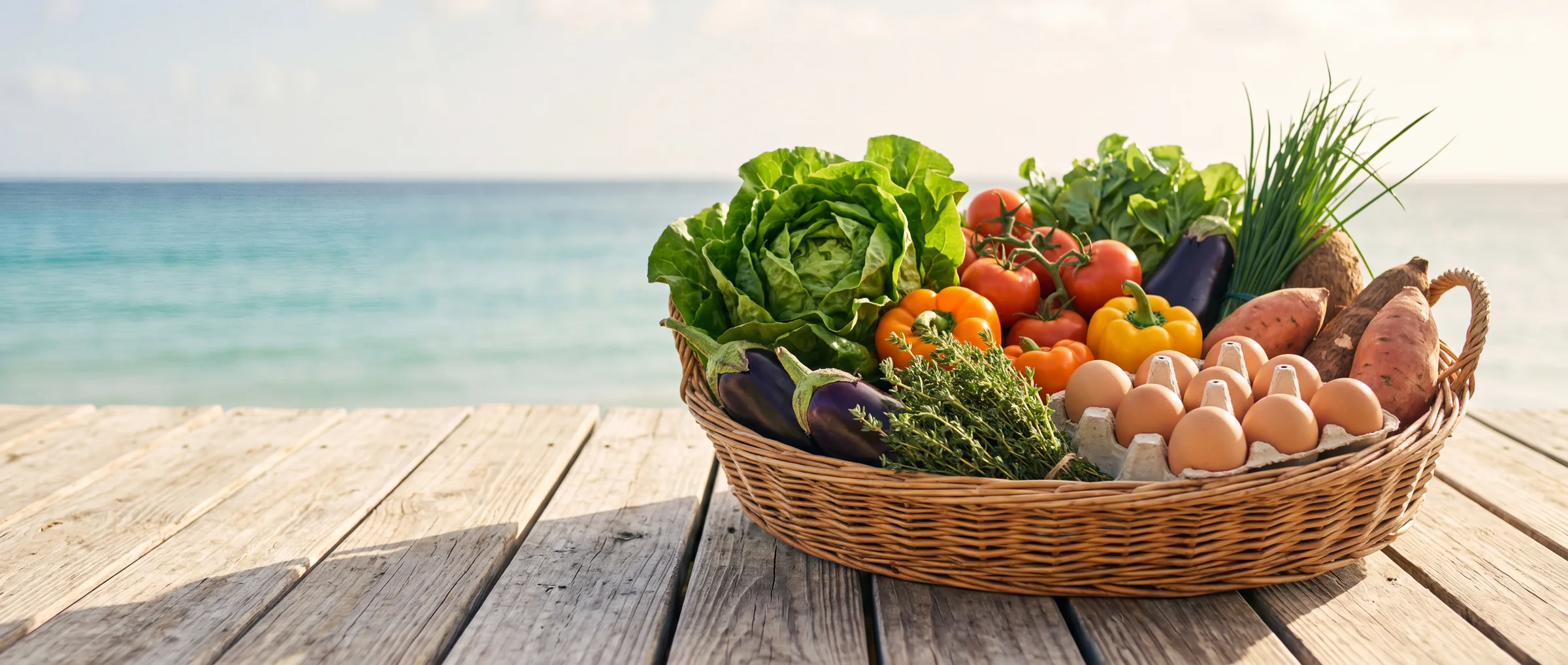 A basket of freshly harvested Barbadian produce on weathered wood by the sea