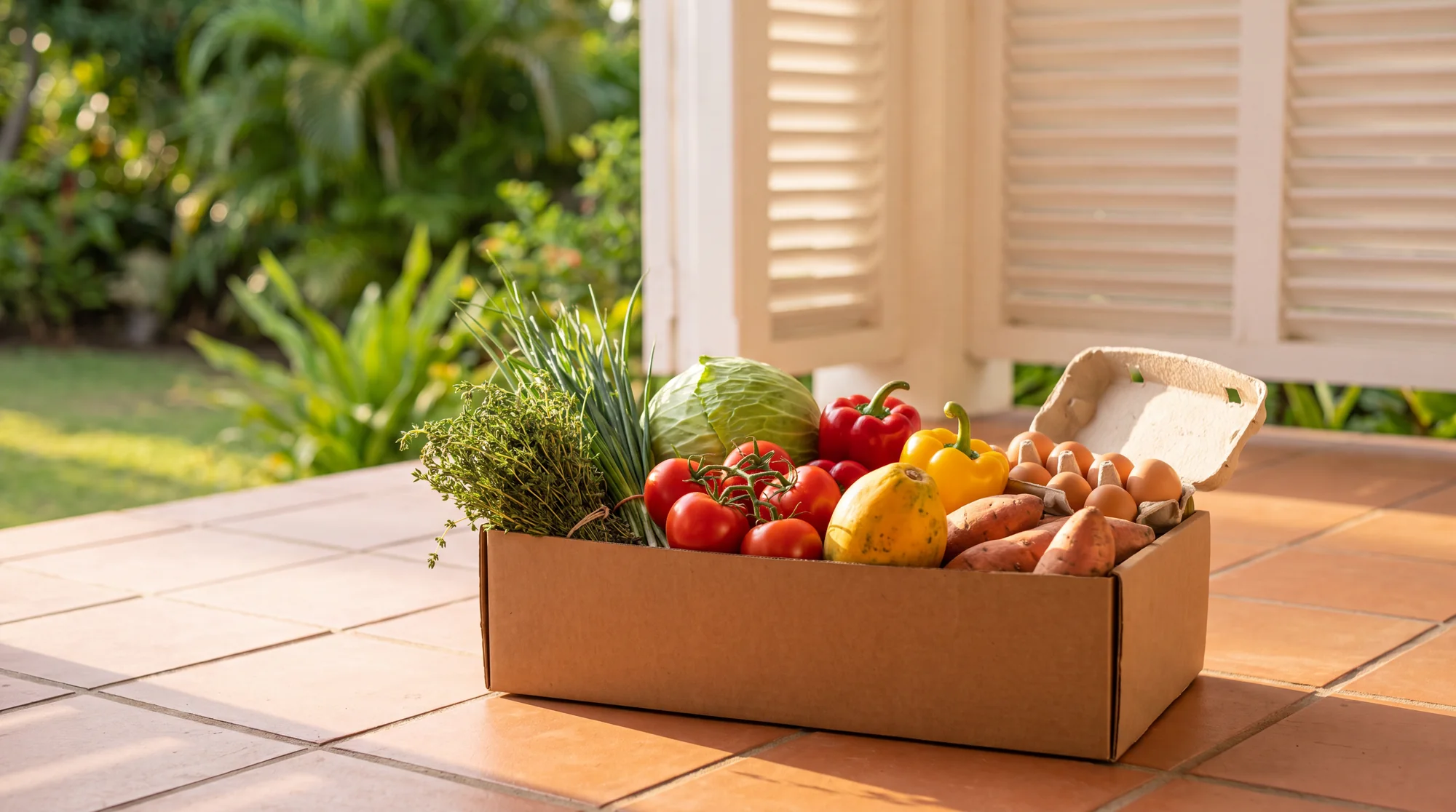 A kraft box of the week's Barbadian produce on a sunlit veranda
